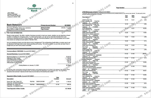USA Commerce Bank statement Word and PDF template, 2 pages